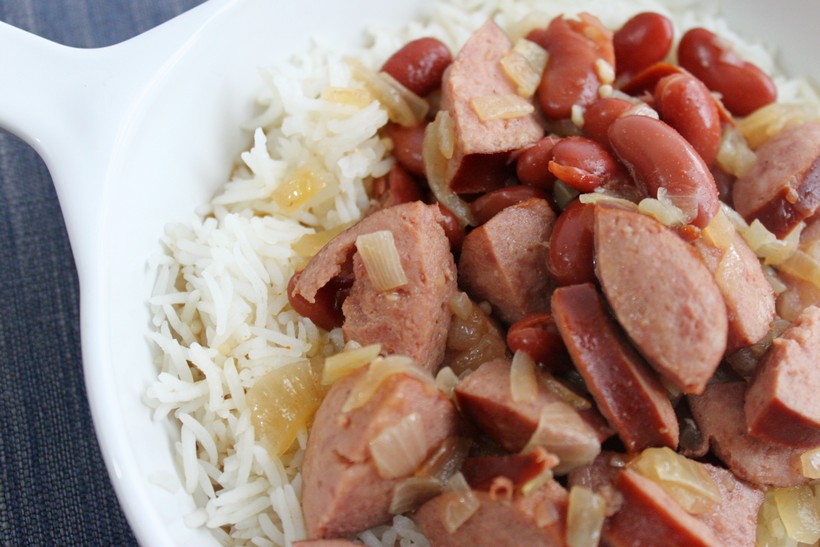 Bowl of red beans and rice on blue place mat