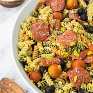 pasta salad recipe in white bowl