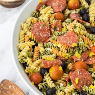 pasta salad recipe in white bowl