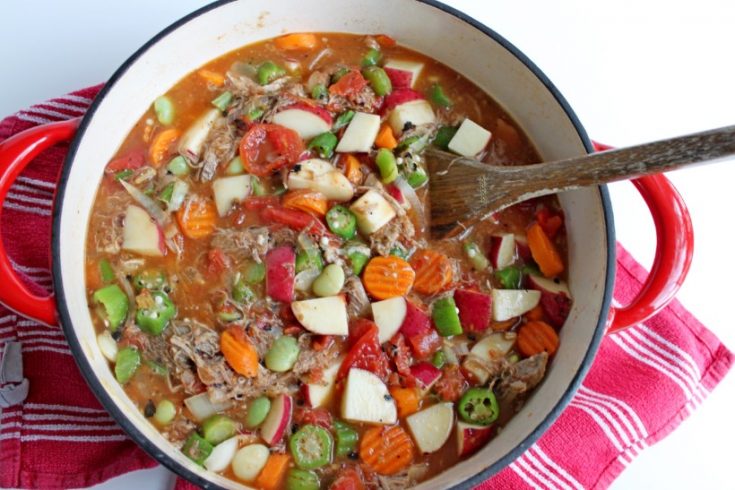Vegetable soup with wooden spoon in dutch oven