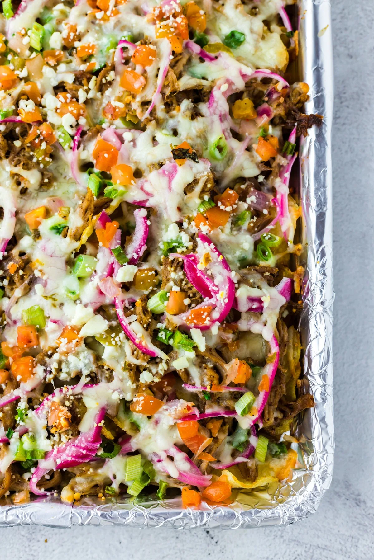 overhead shot of nacho platter