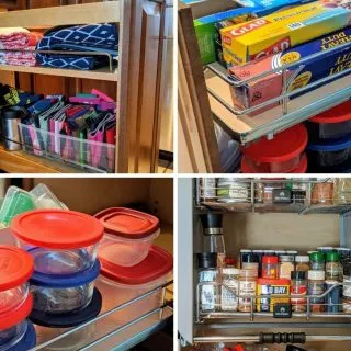 Collage of four images using rev a shelf products for food storage, dish towels, spices.