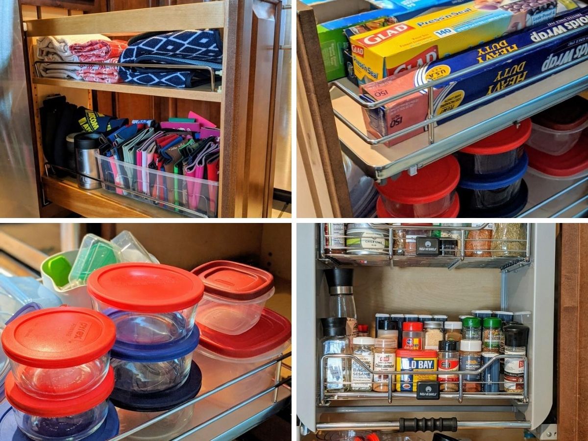 Collage of four images using rev a shelf products for food storage, dish towels, spices.
