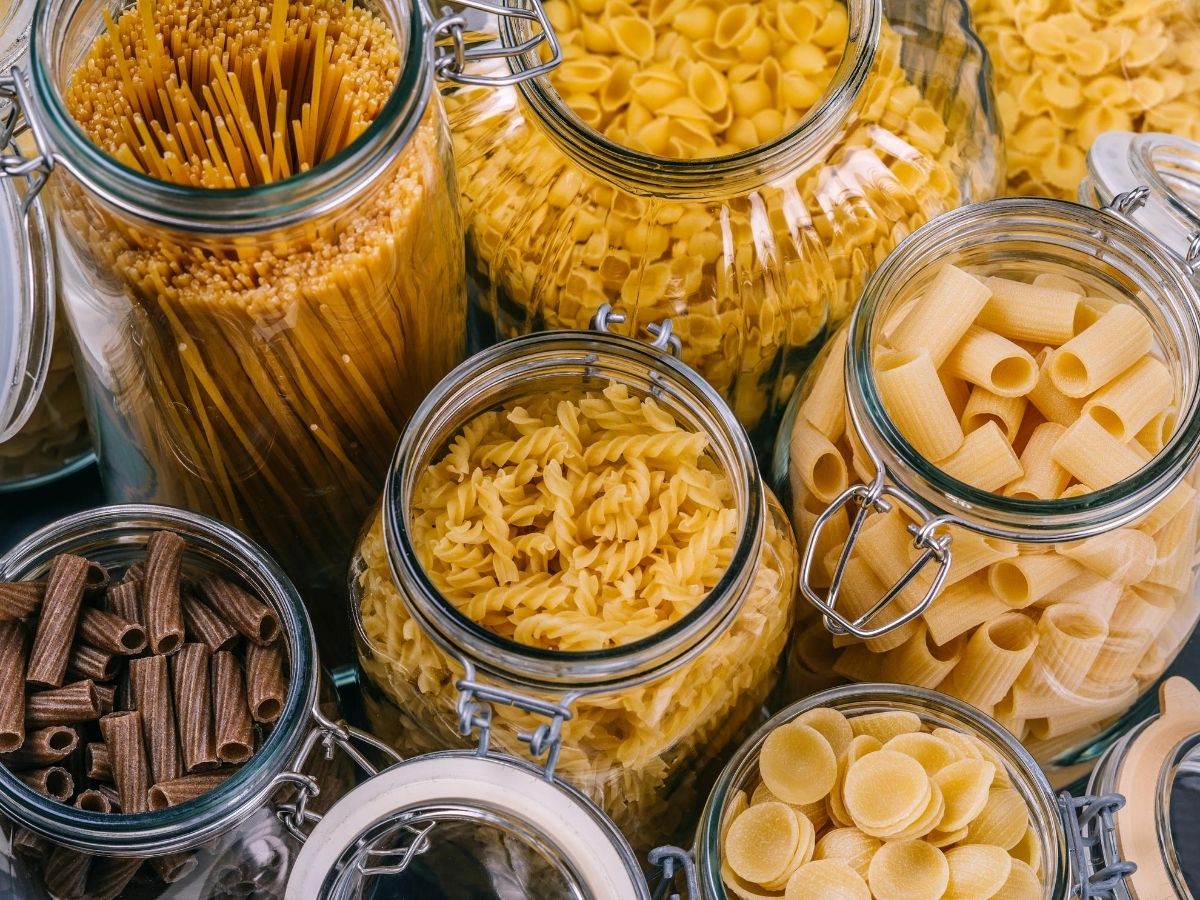 Glass canisters of dried pasta shapes