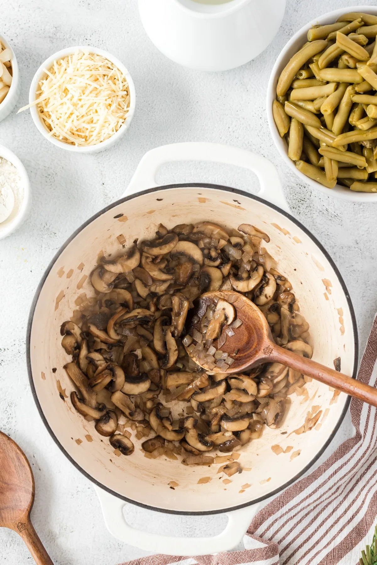 mushrooms and shallot in dutch oven