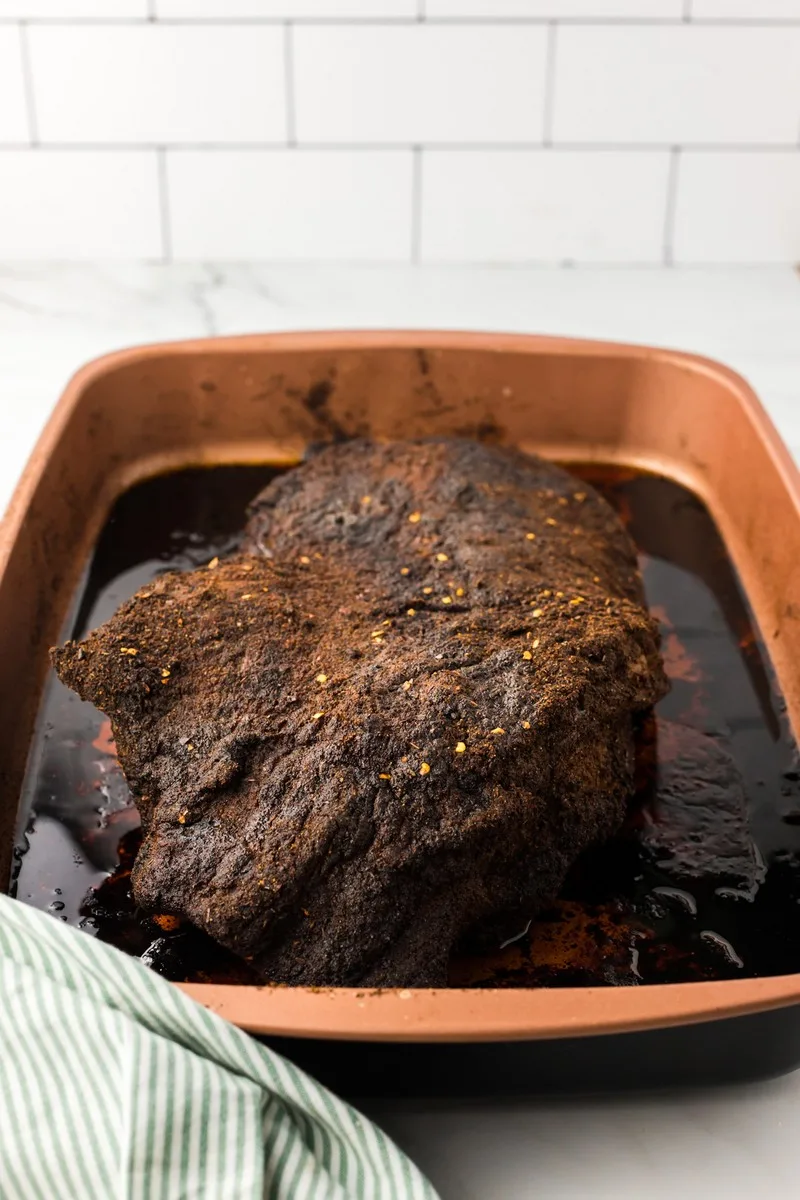 whole brisket in roasting pan