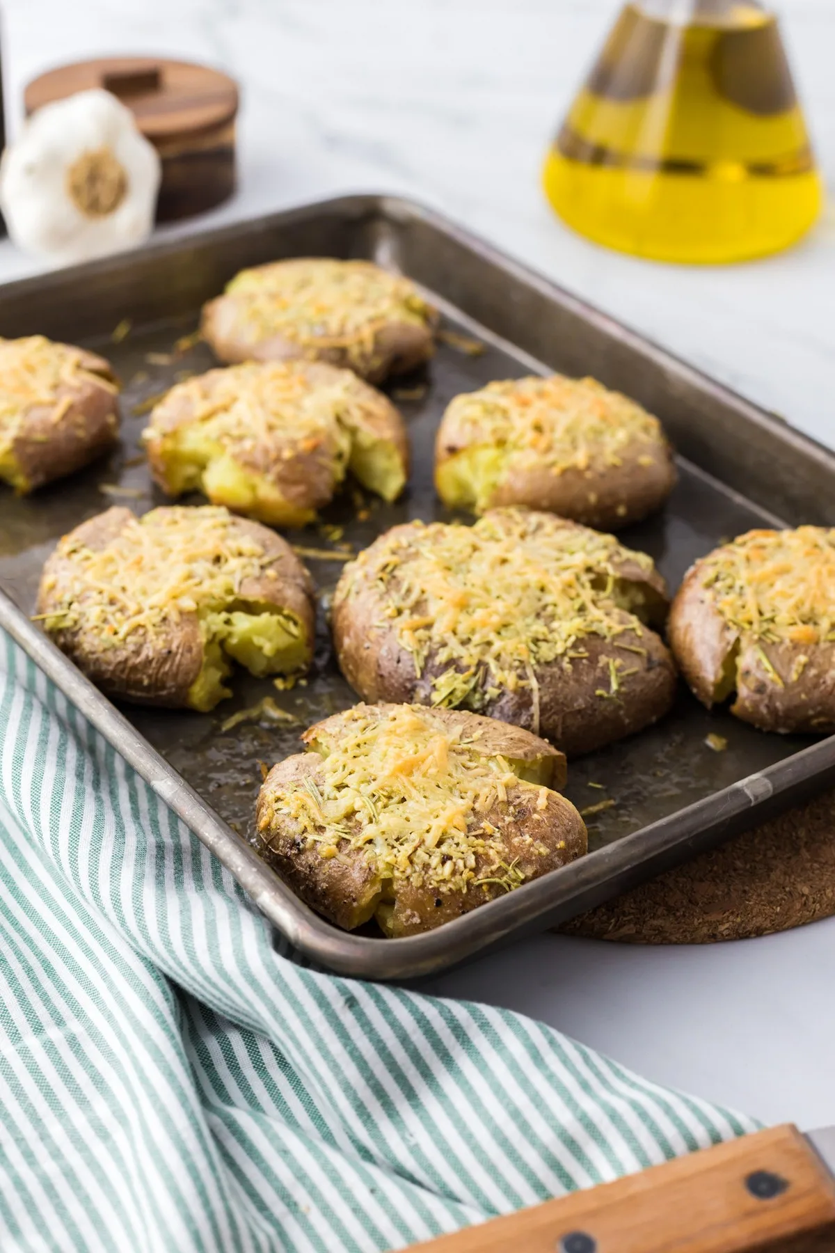 smashed red potatoes on sheet pan