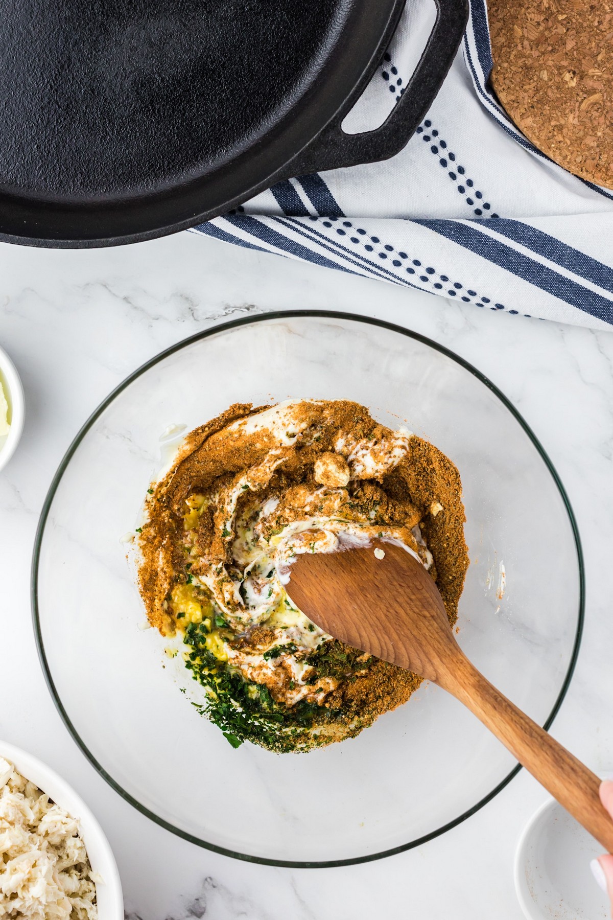 stirring crab cake mixture