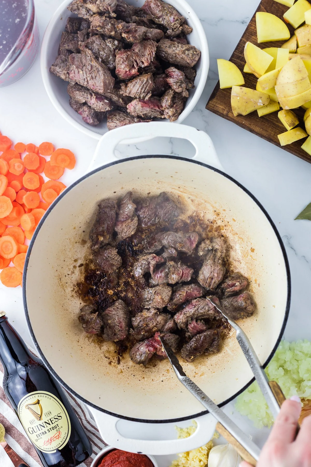 browning beef in large dutch oven