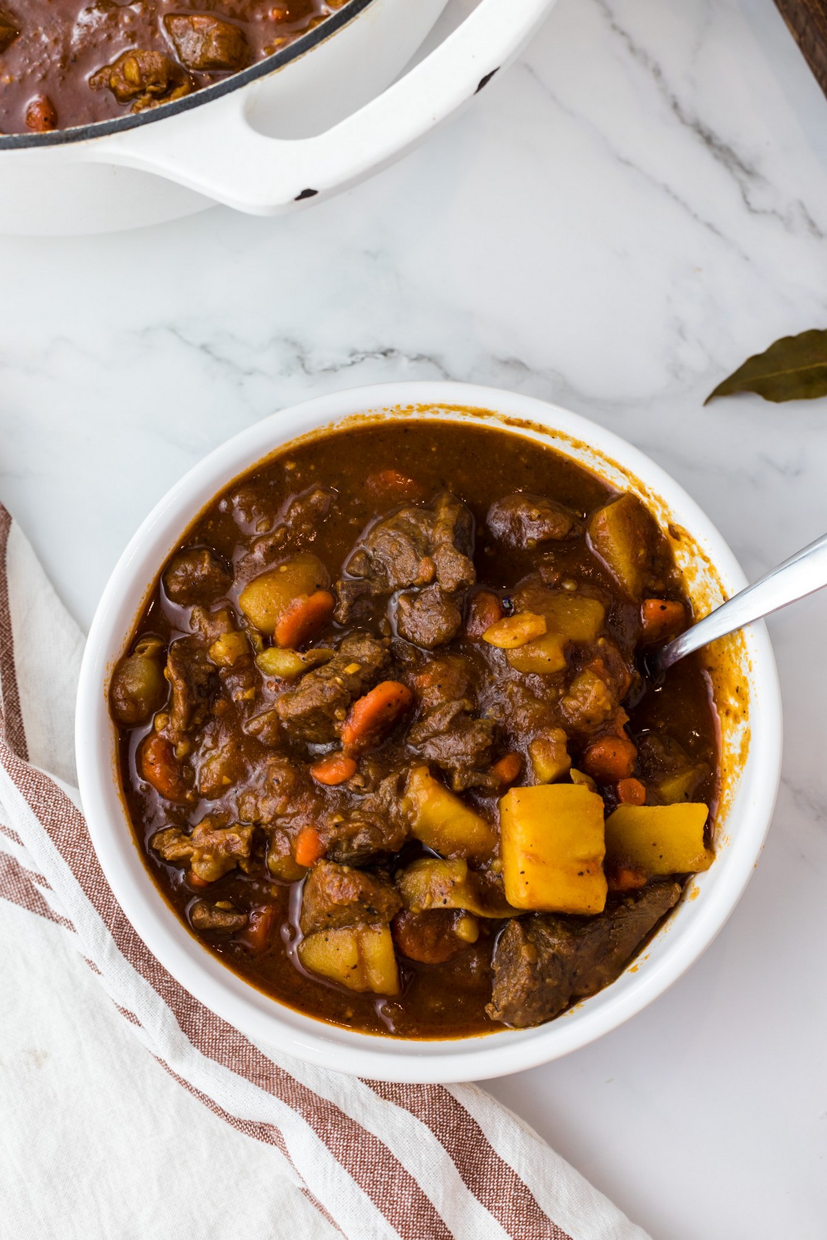 overhead shot of white bowl of beef stew