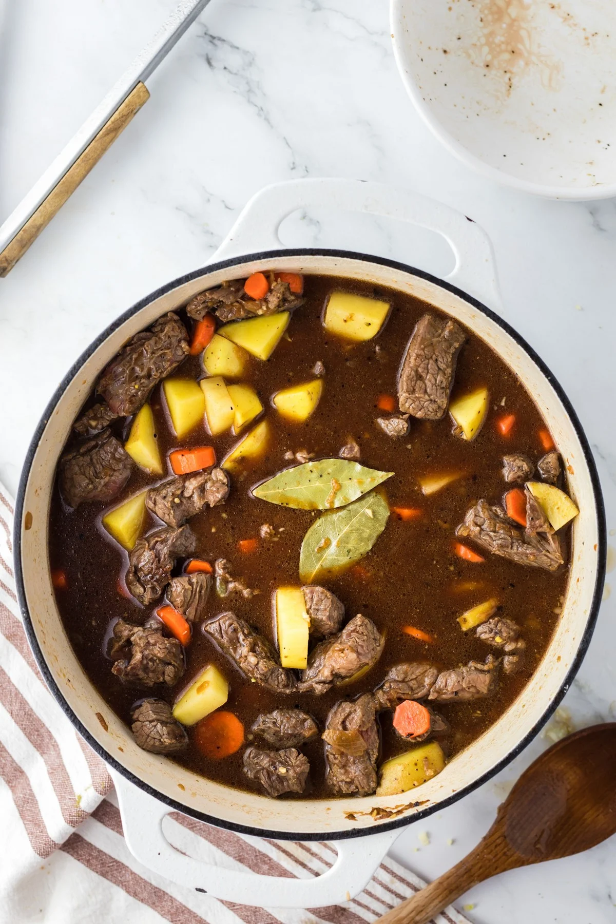 overhead shot of all ingredients for beef stew