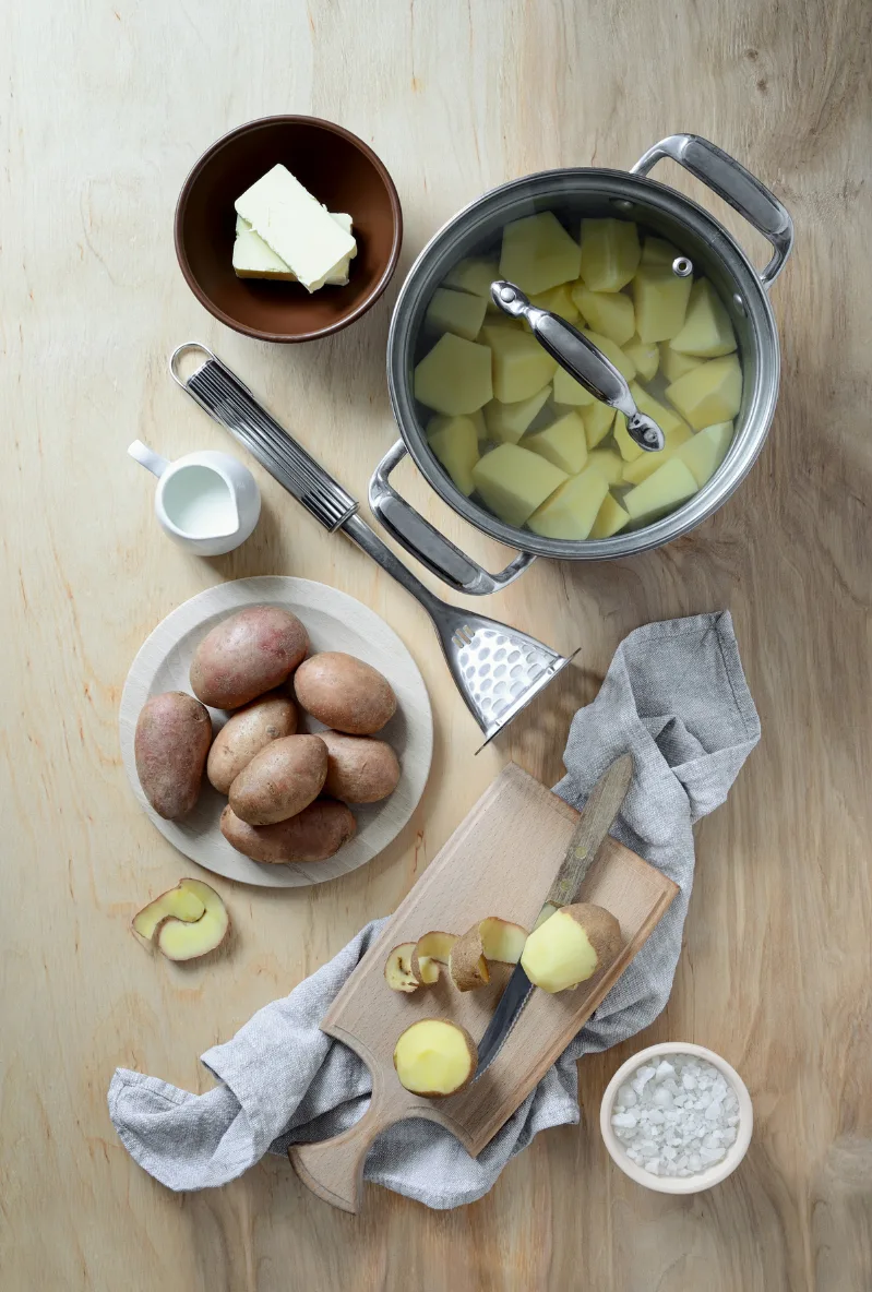 Ingredients for Mashed Potatoes laid out on counter top