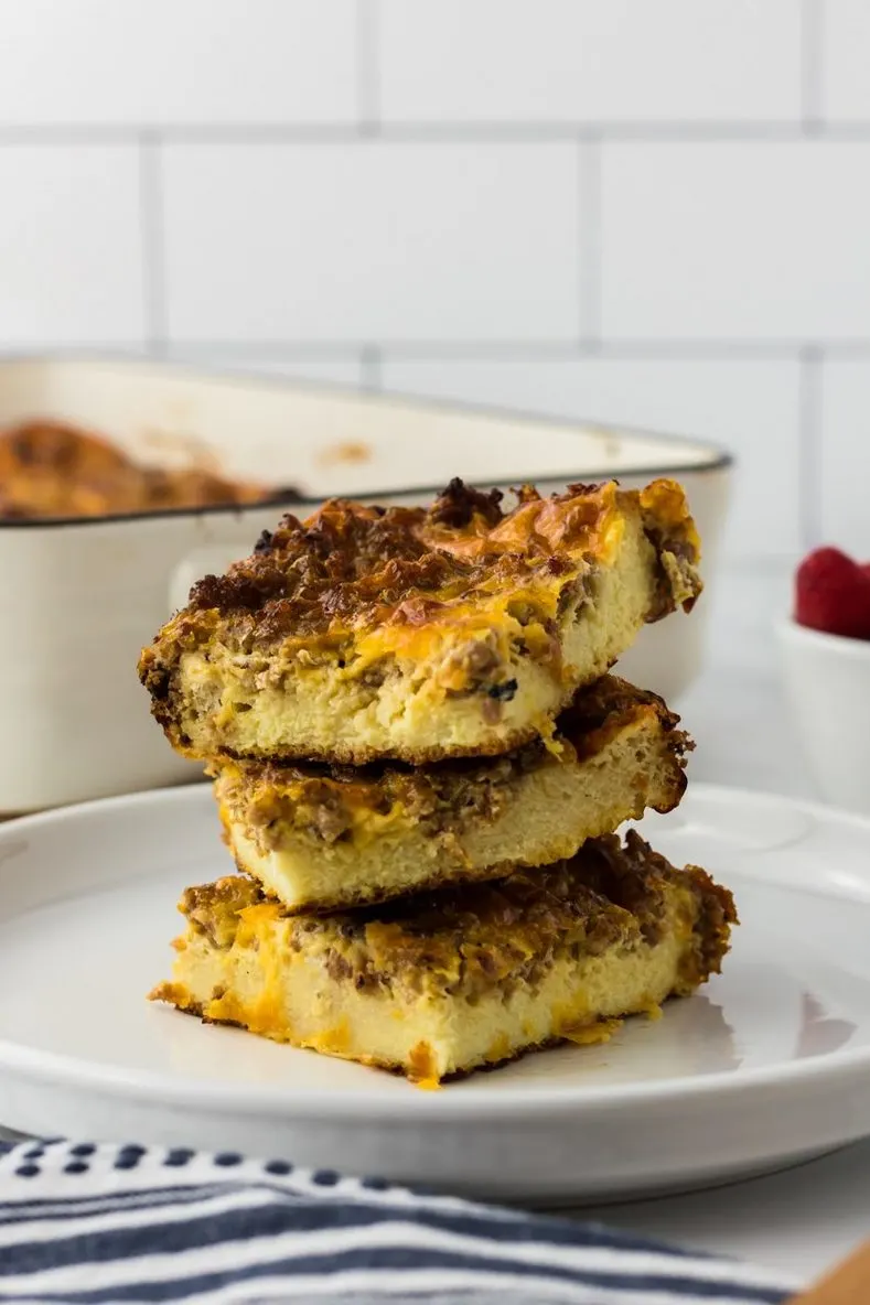 breakfast casserole servings stacked on plate