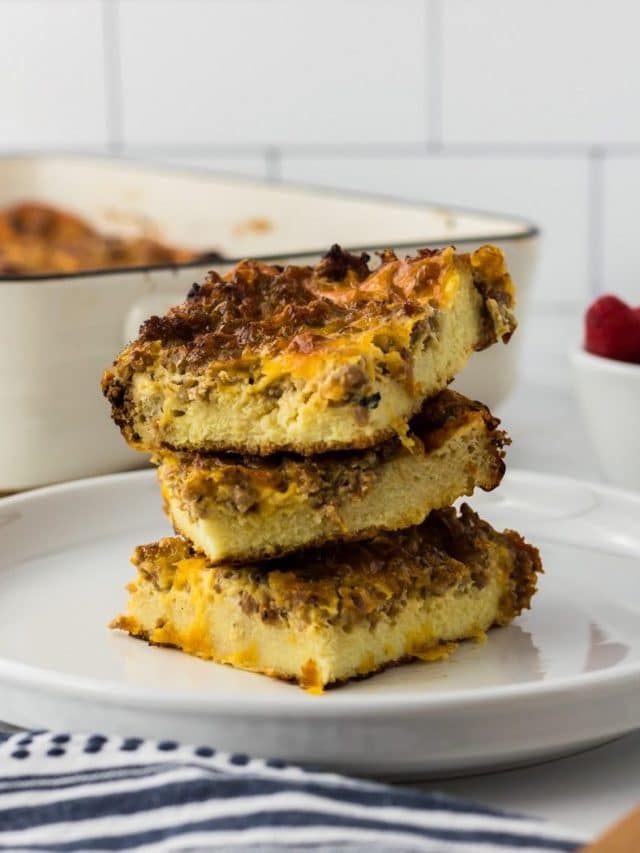 breakfast casserole servings stacked on plate
