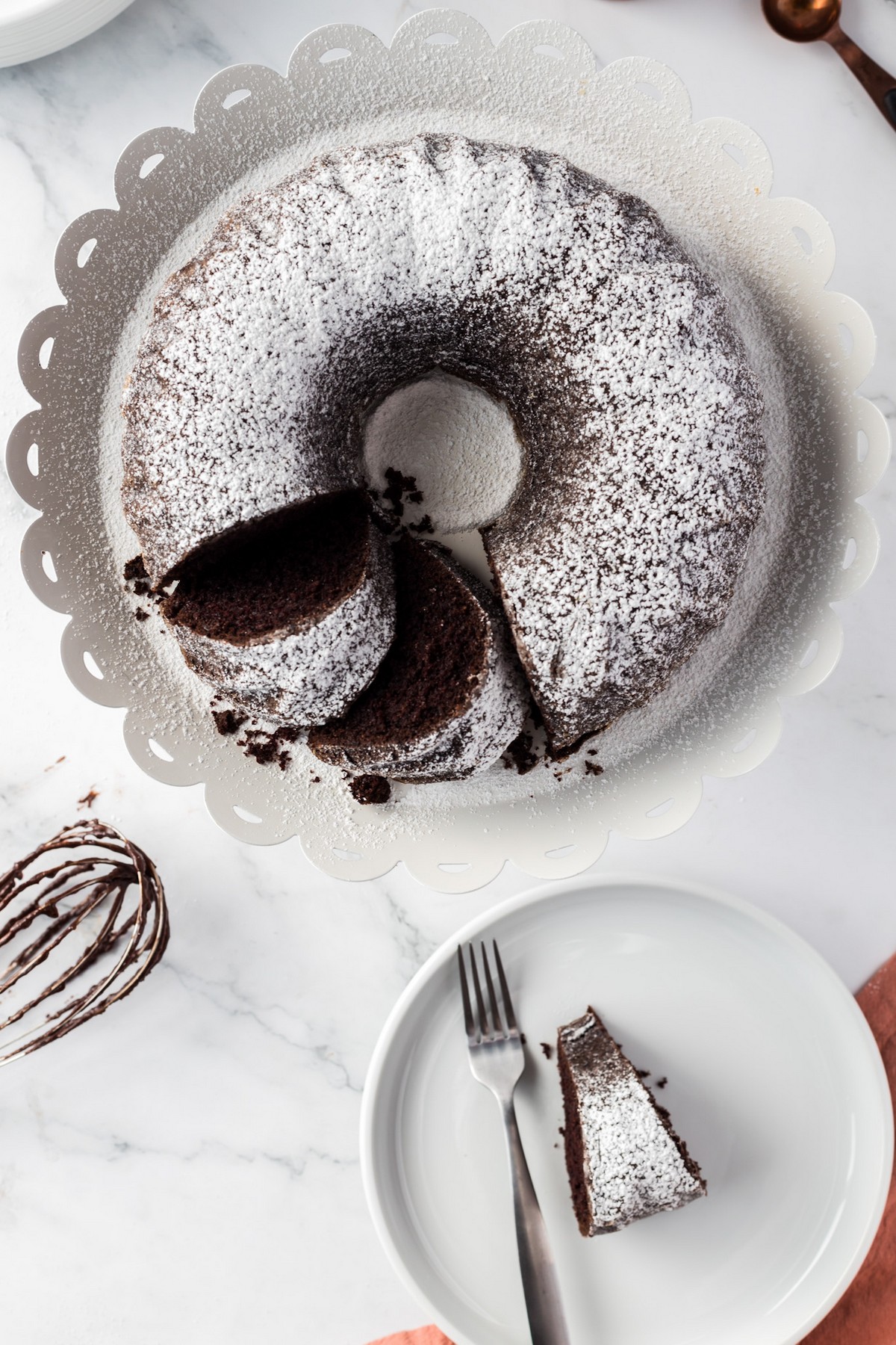 sliced chocolate cake on white plate