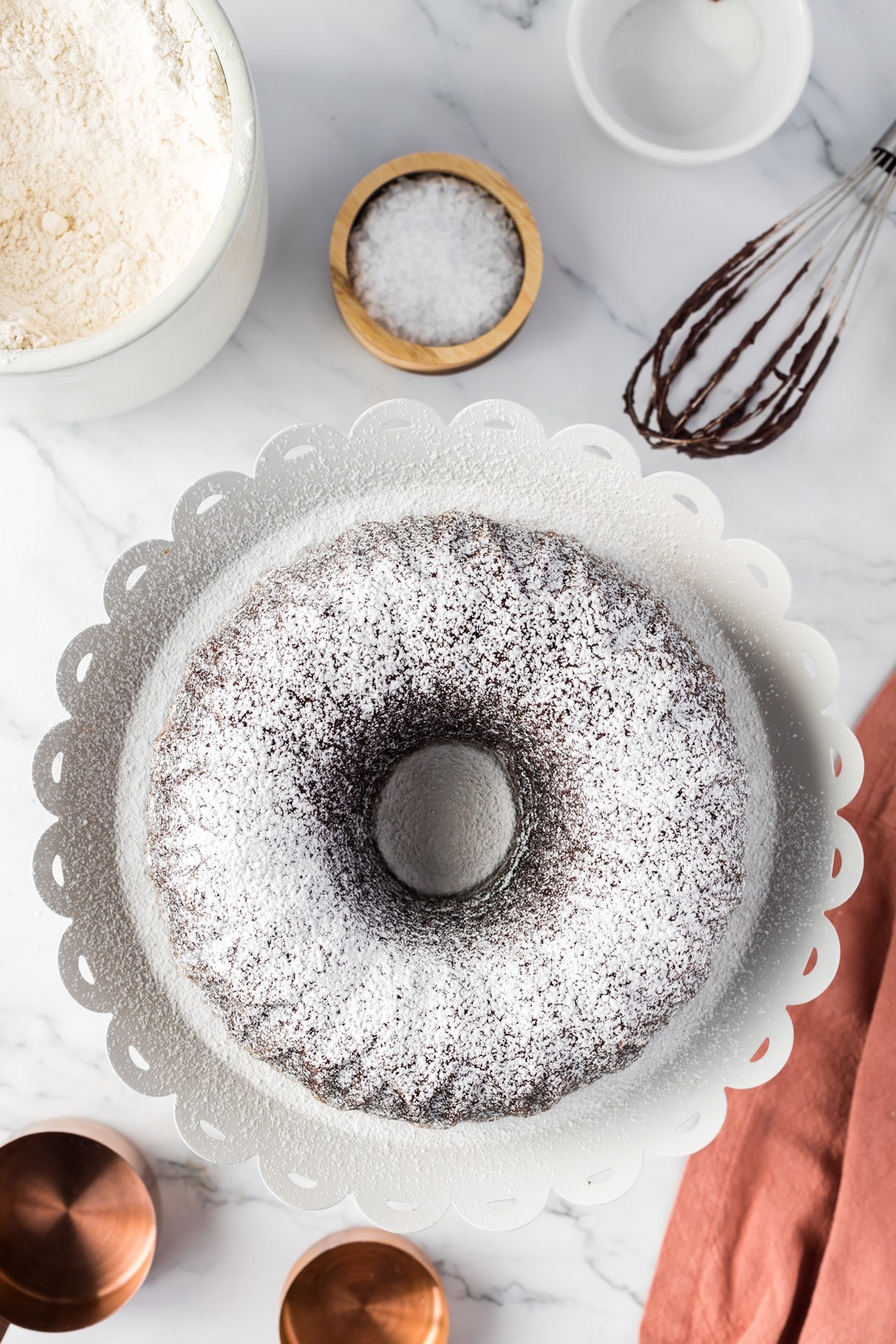 chocolate cake with baking items