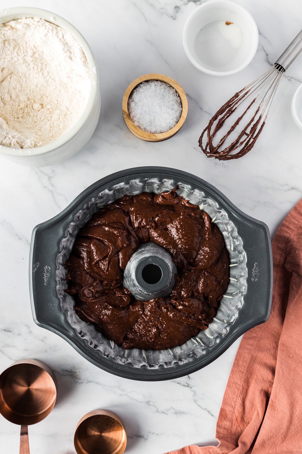 chocolate cake batter in bundt pan