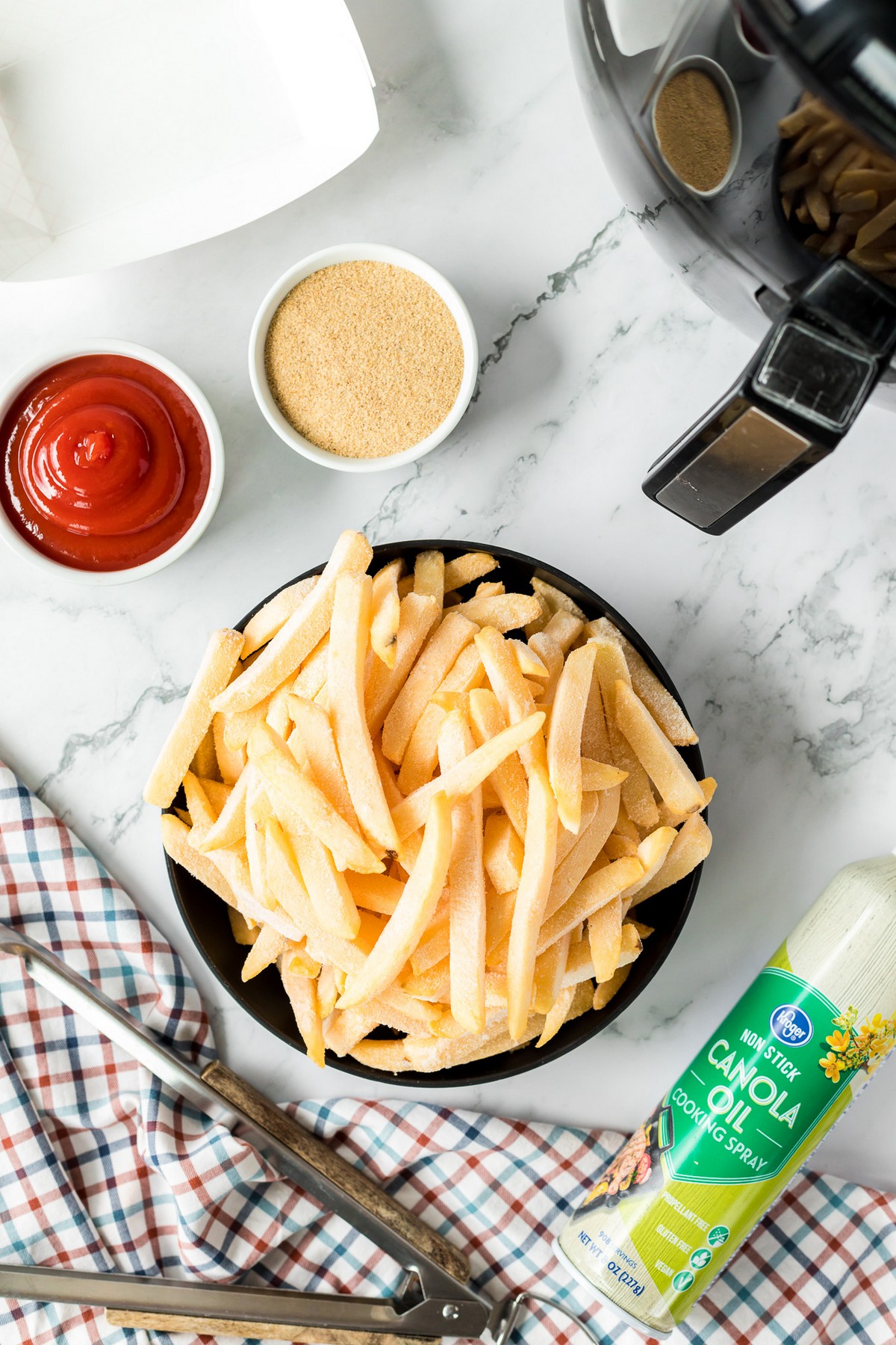 uncooked frozen french fries with dipping sauce