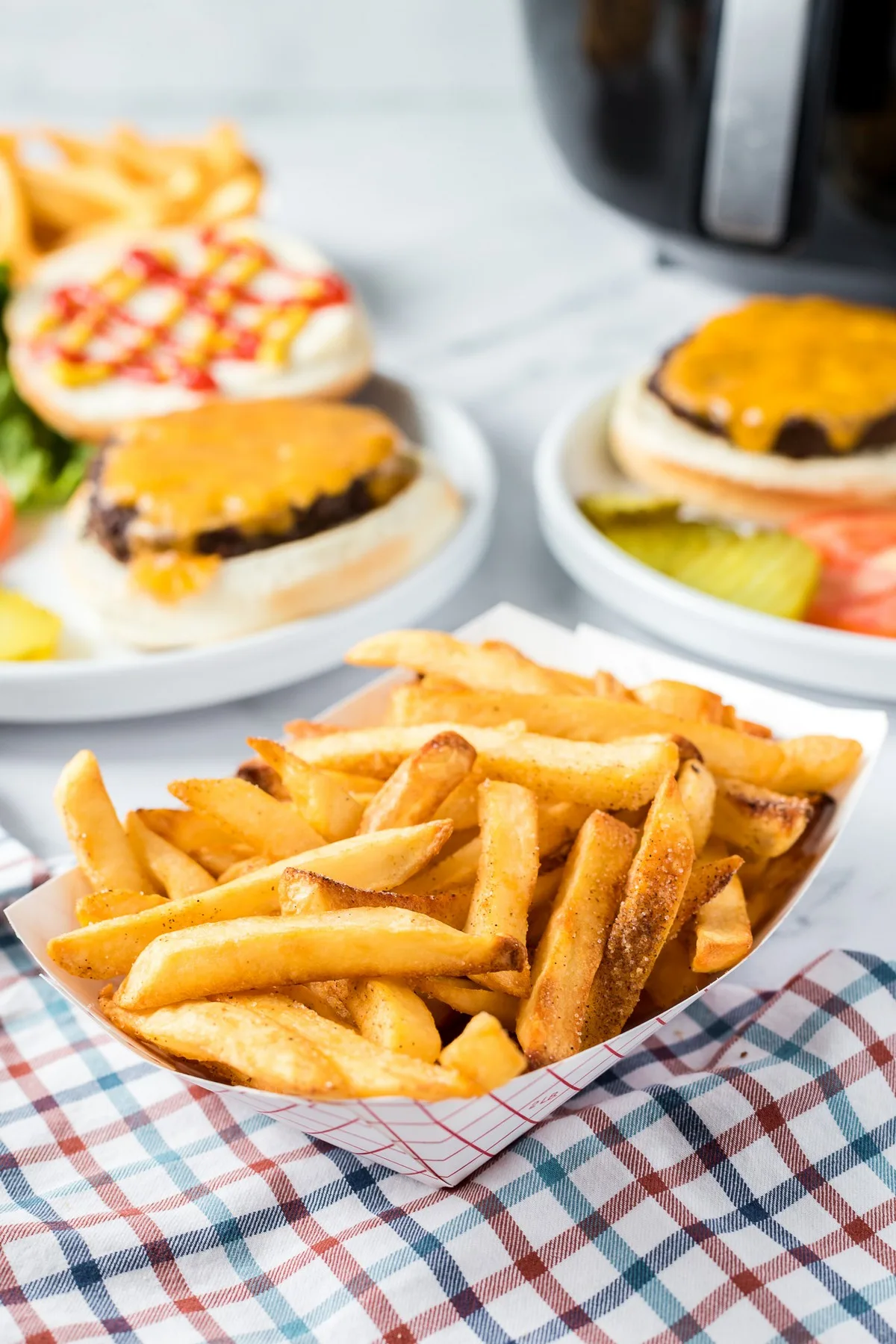 air fryer french fries and hamburger