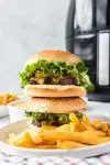 two burgers stacked on a plate with french fries