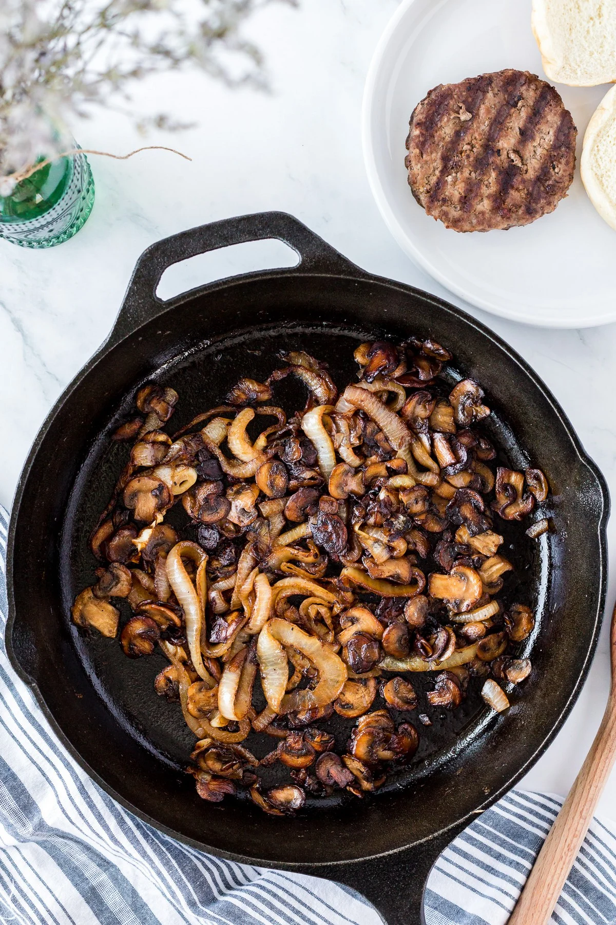 caramelized onions and mushrooms in a skillet