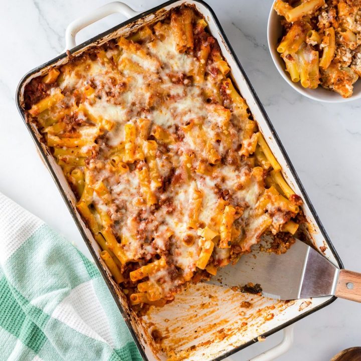 serving baked ziti dinner