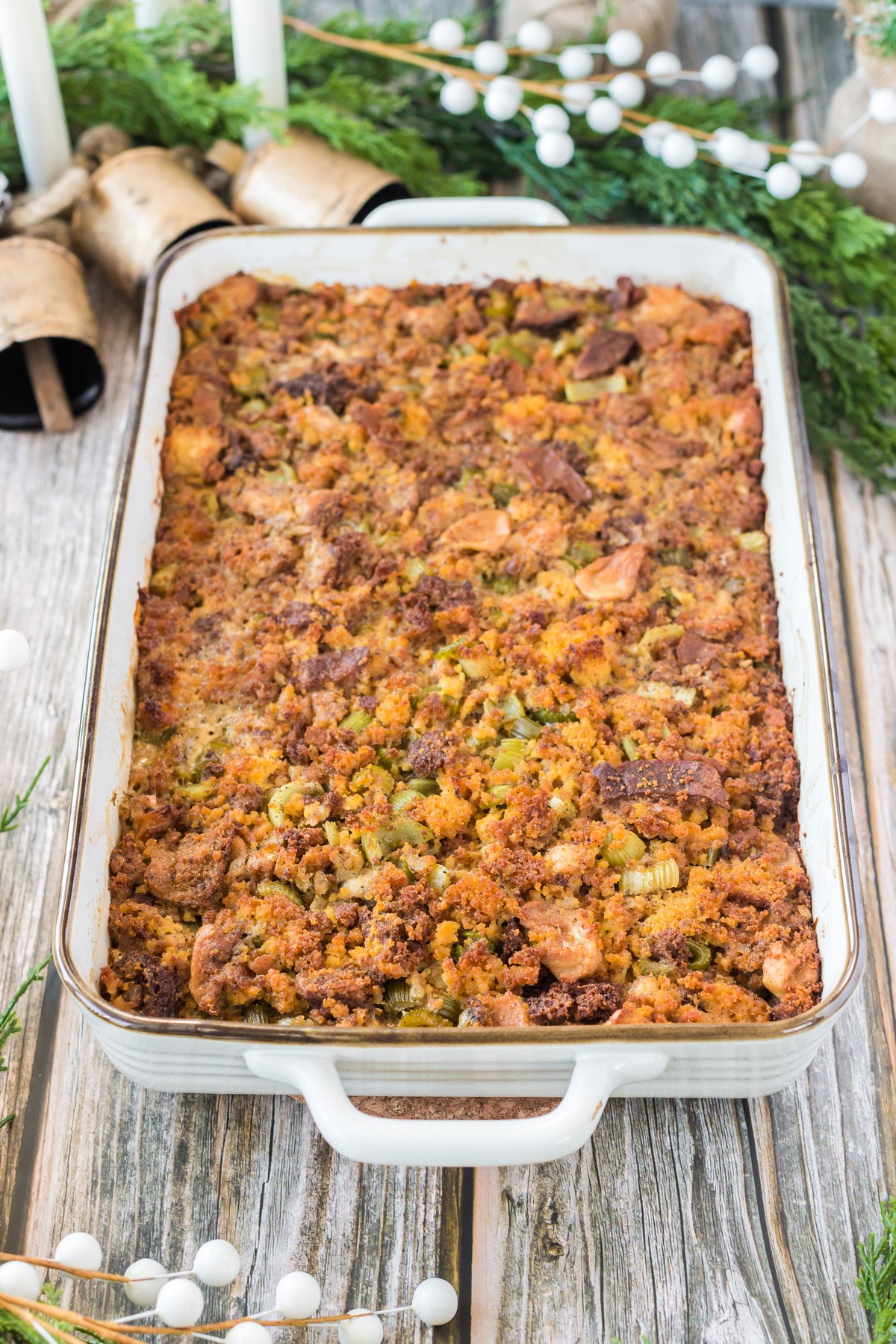 cornbread dressing in casserole dish