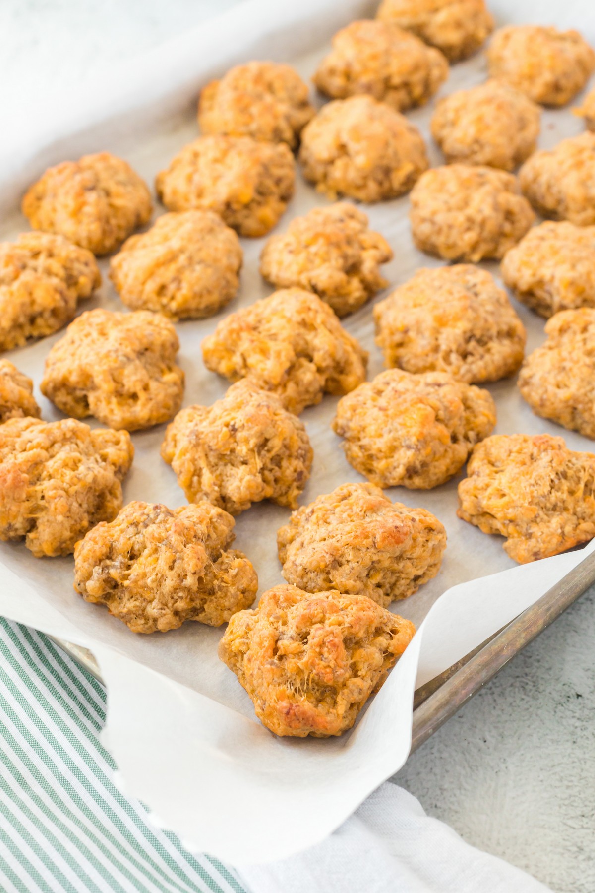 baked sausage balls on sheet pan