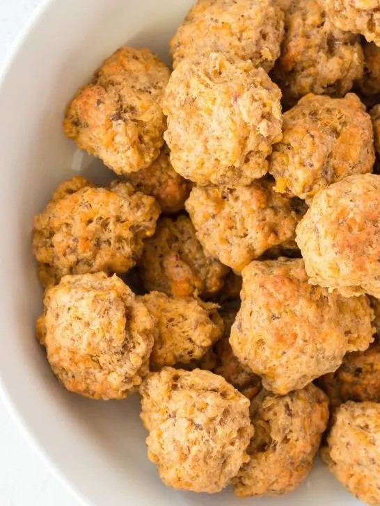 3 ingredient bisquick sausage balls appetizer for christmas, game day, or parties featured image
