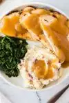 turkey breast meal with potatoes and spinach pin image