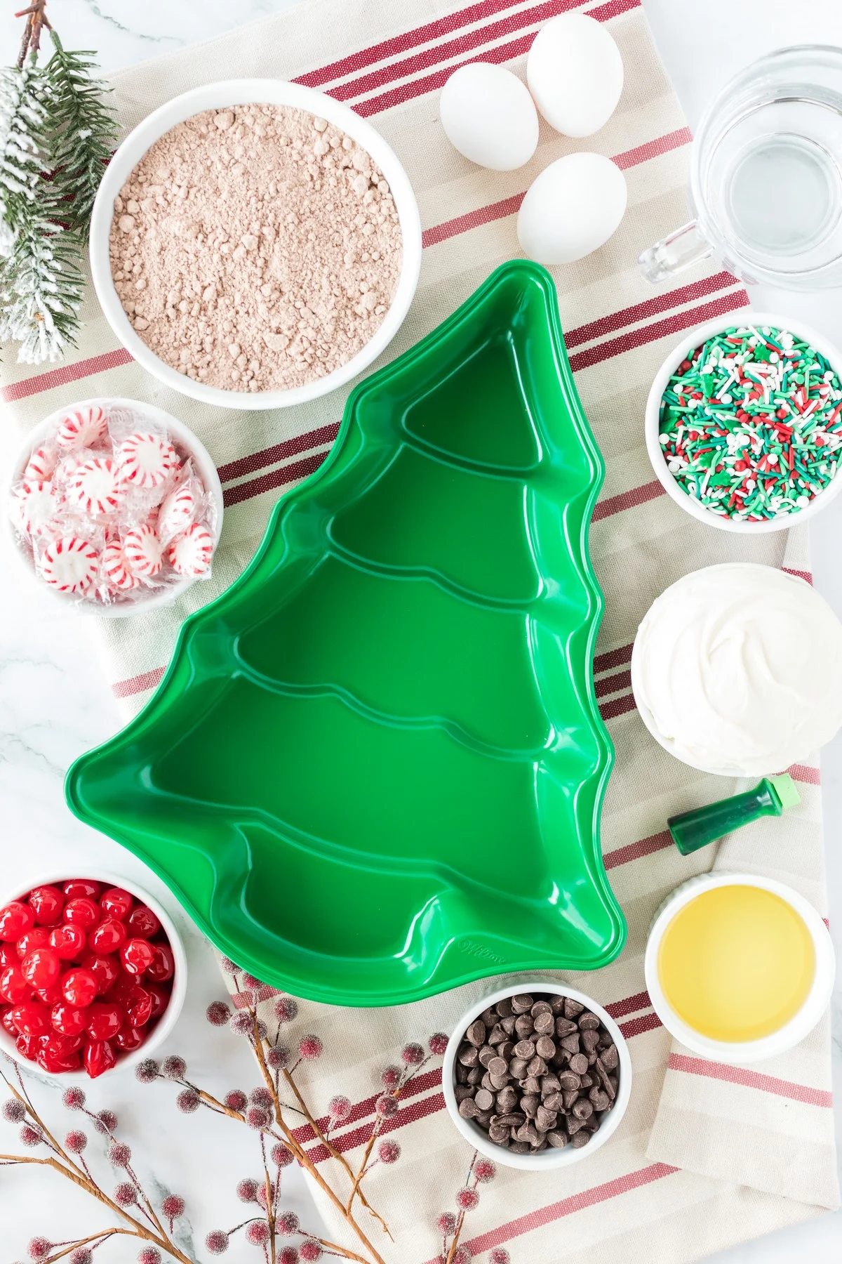 supplies and ingredients for christmas tree cake