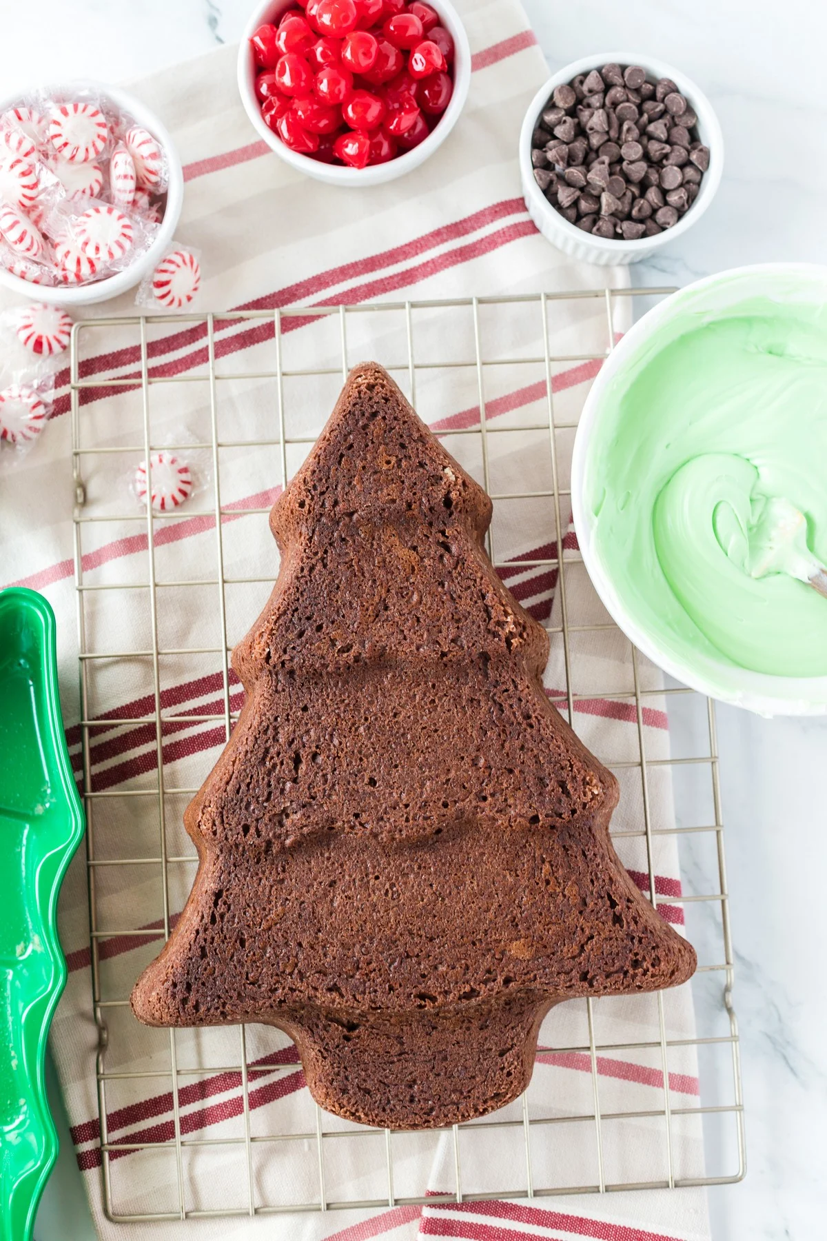 chocolate christmas tree shaped cake on cooling rack