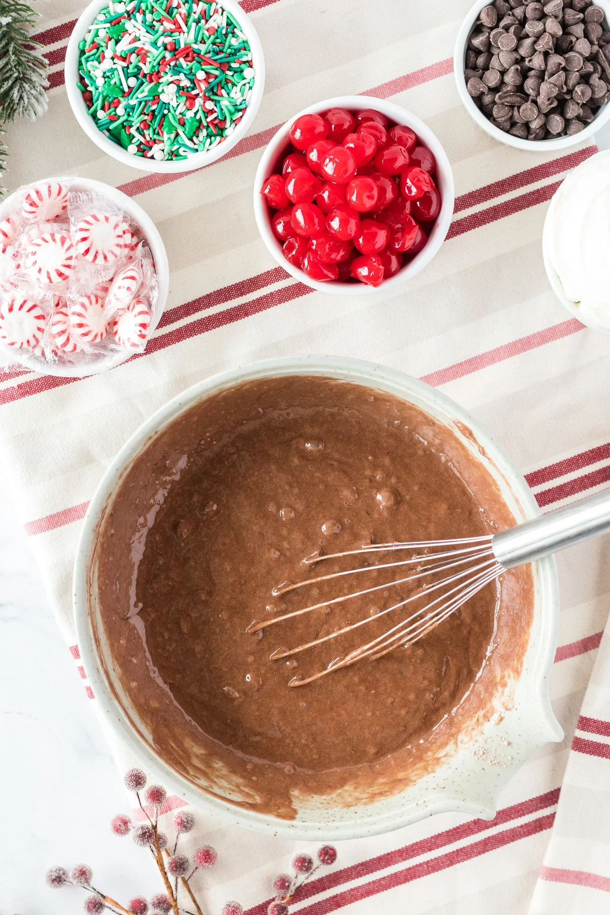 whisking chocolate cake mix ingredients together