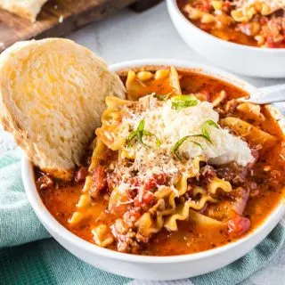 Lasagna soup in a bowl with bread featured image