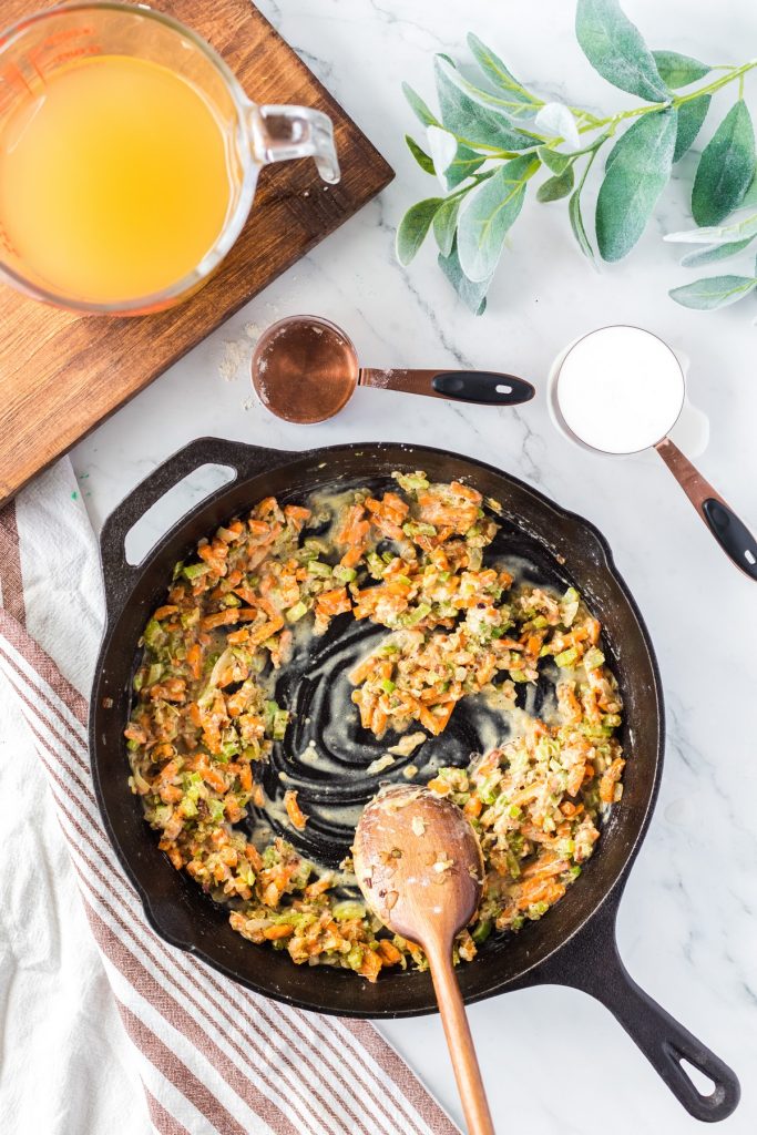 making a roux with flour and vegetables