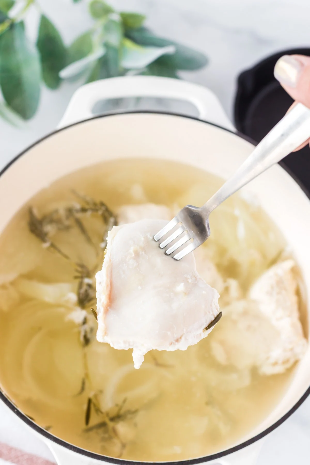 removing poached chicken from pot