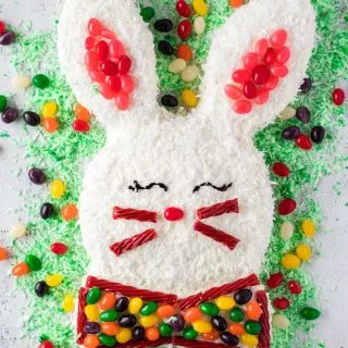 easter bunny shaped cake with green coconut flakes surrounding