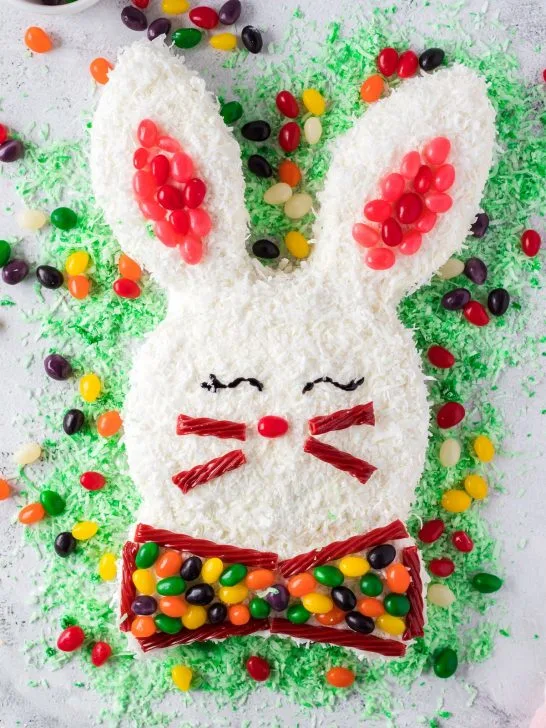 easter bunny shaped cake with green coconut flakes surrounding