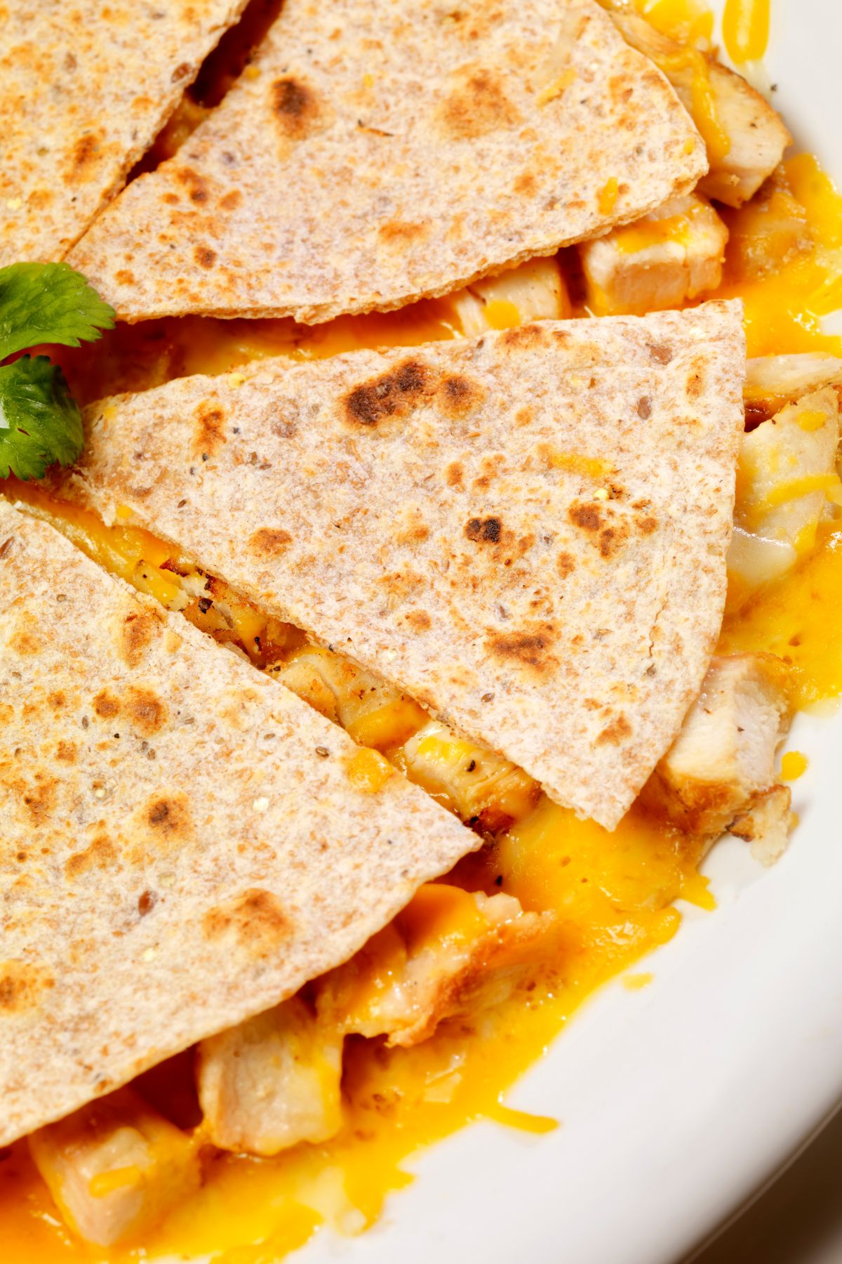 sliced quesadilla with chicken and cheese made in air fryer