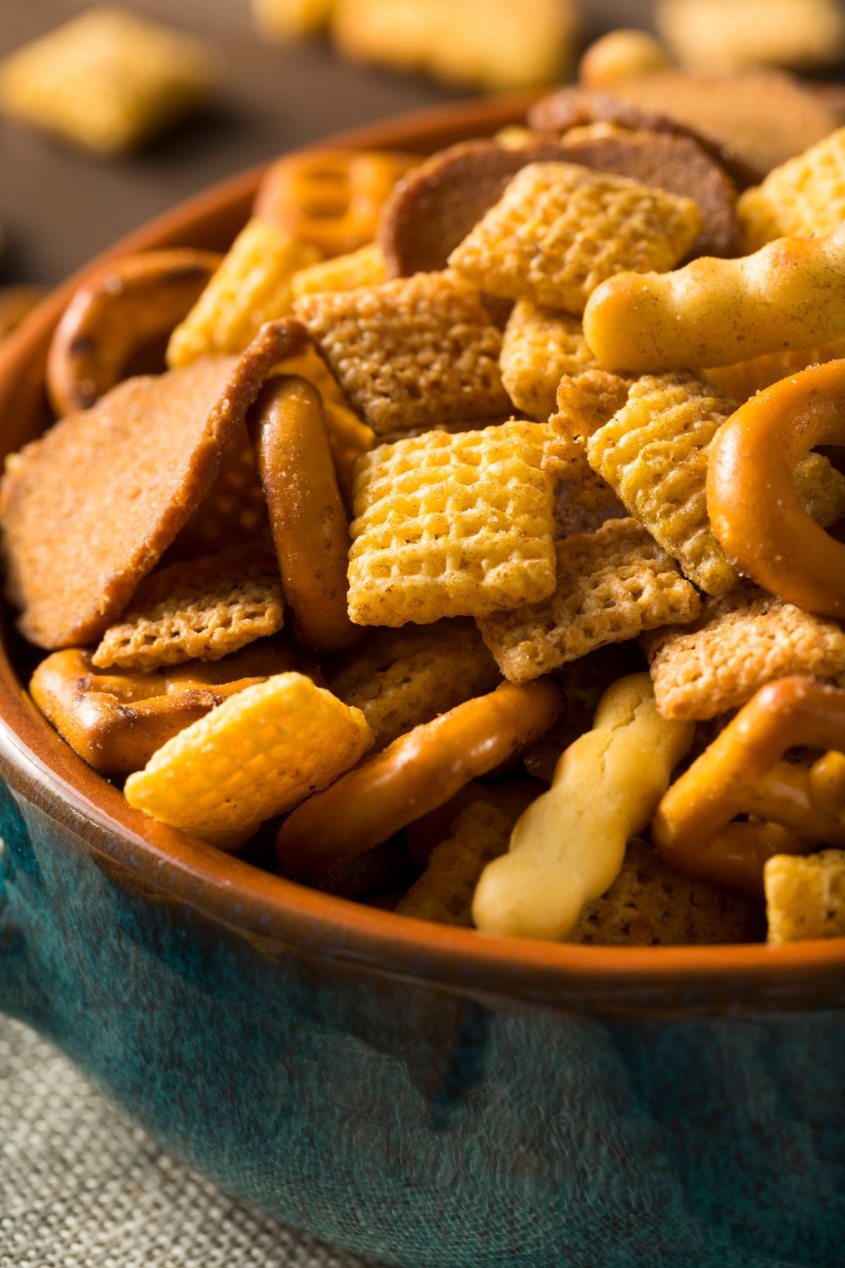 close up of bowl of Chex mix