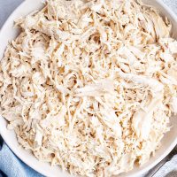 white bowl of shredded chicken