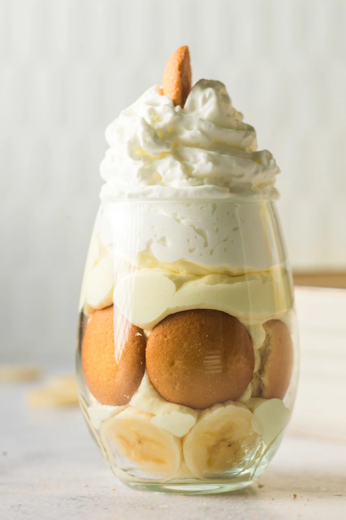banana pudding layered in a glass