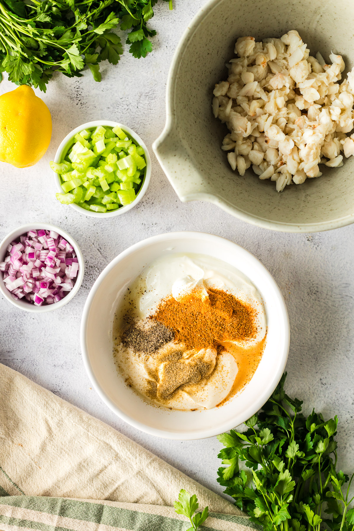 making the dressing for crab salad