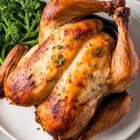 air fryer whole rotisserie chicken on white platter