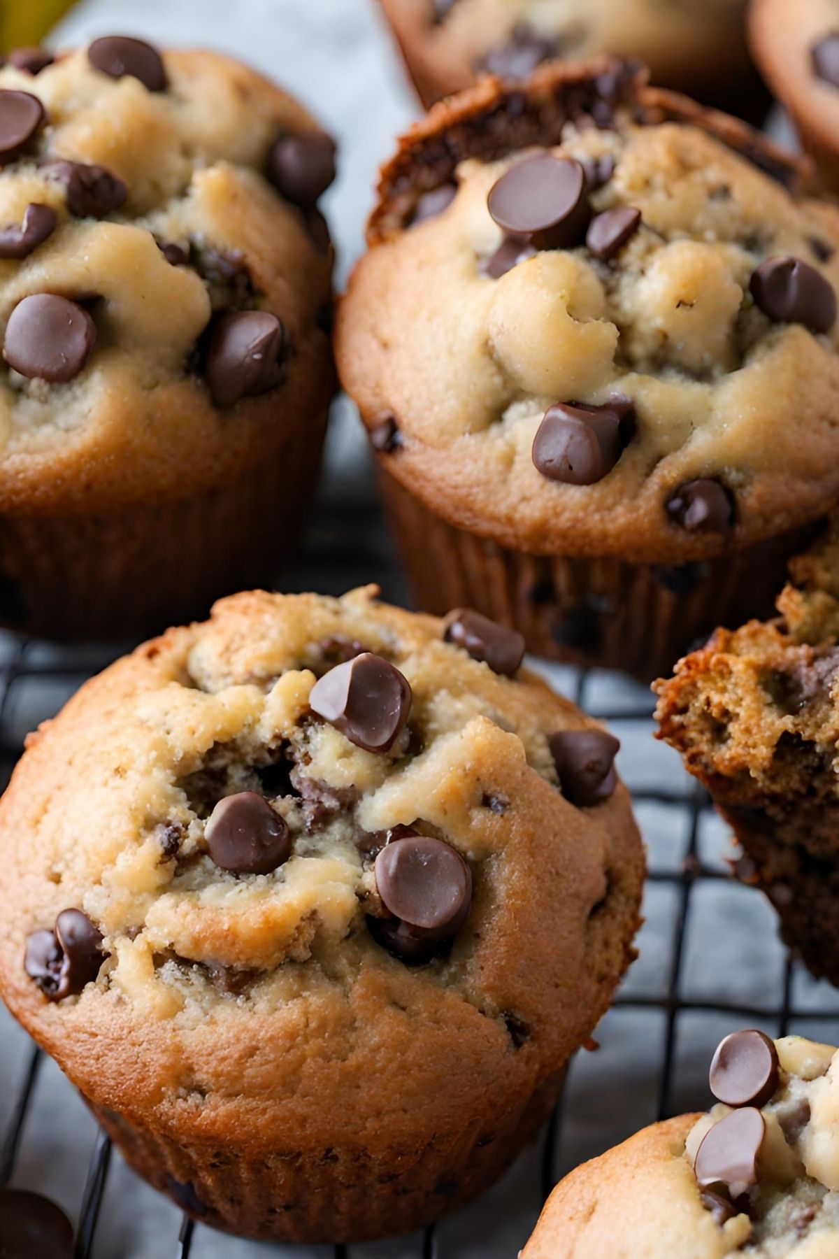 cooling banana bread muffins with chocolate chips on cooling rack