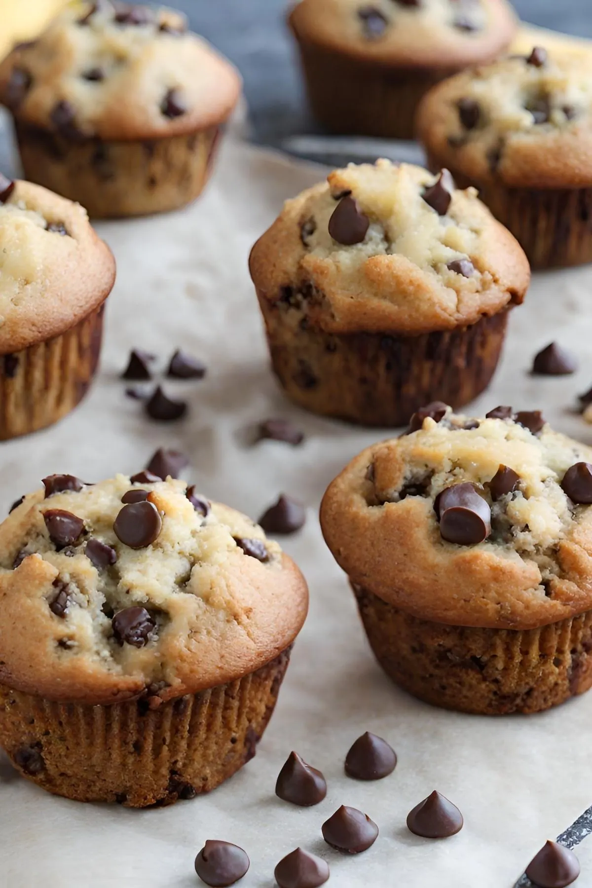 chocolate chip banana bread muffins on parchment paper