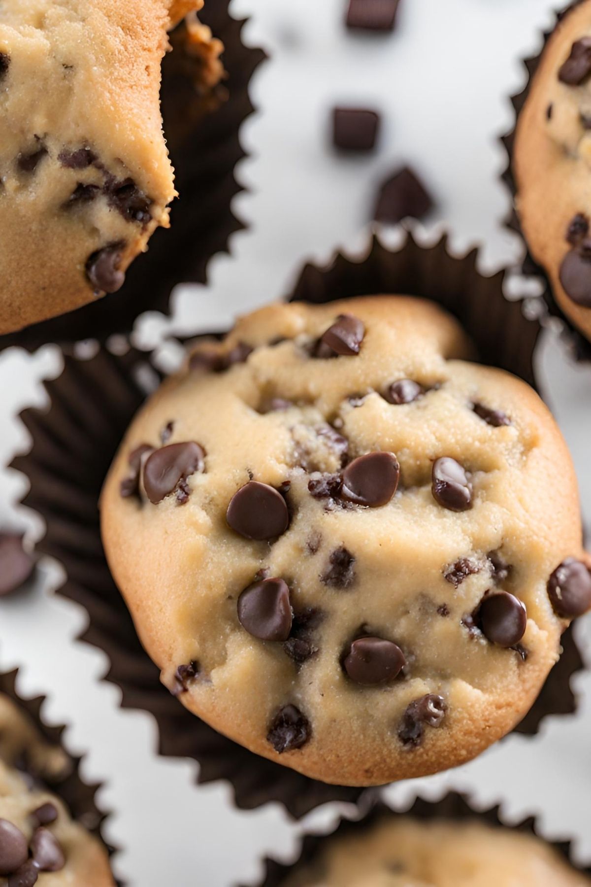 upclose image of banana bread muffin with chocolate chips