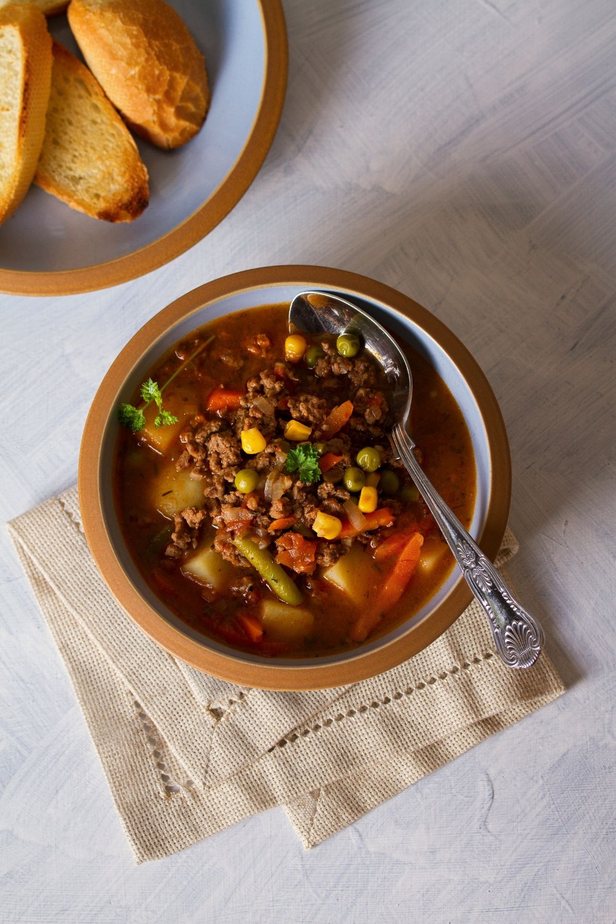 Hamburger vegetable soup with bread