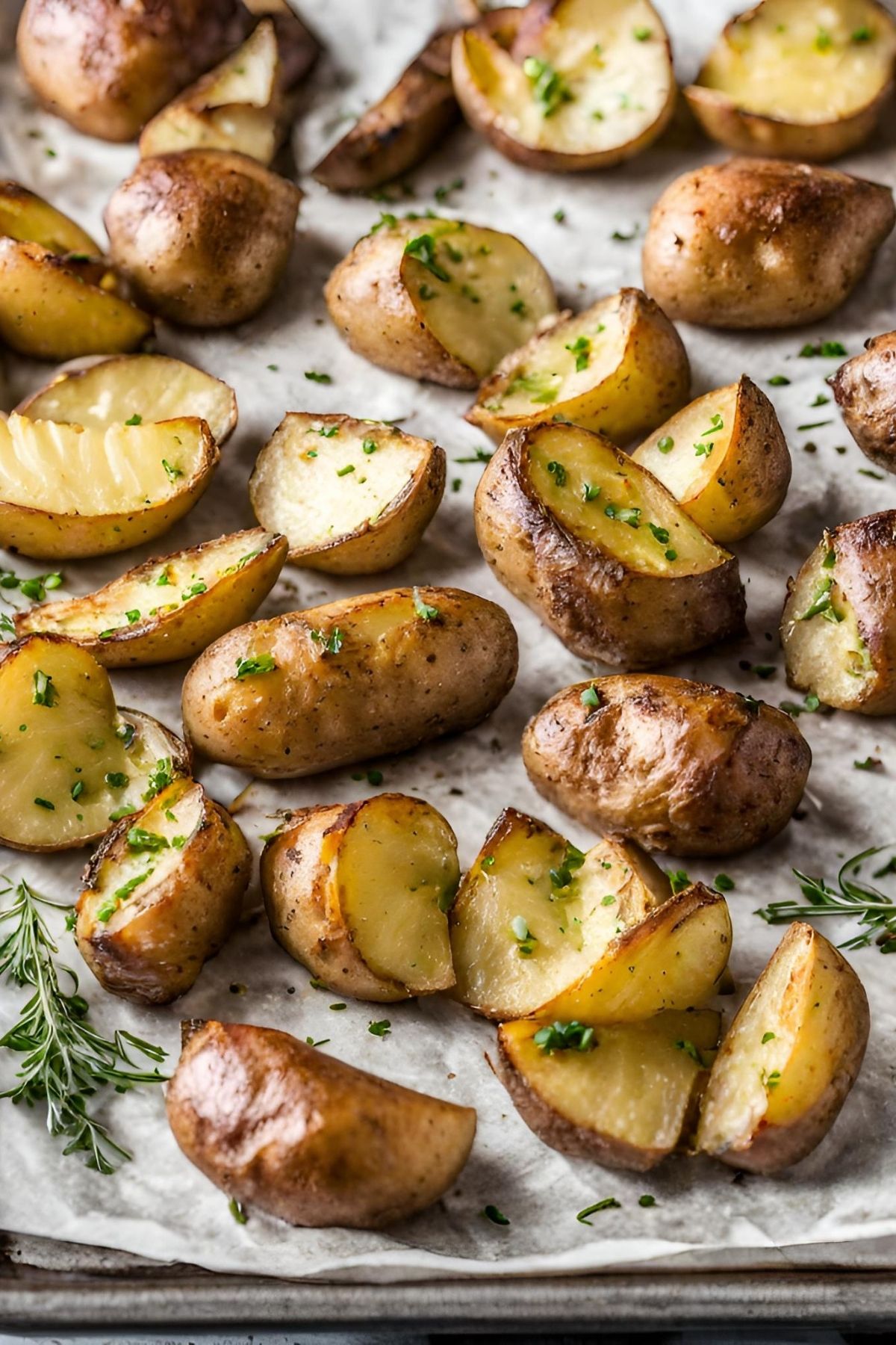 herb roasted potatoes on parchment paper