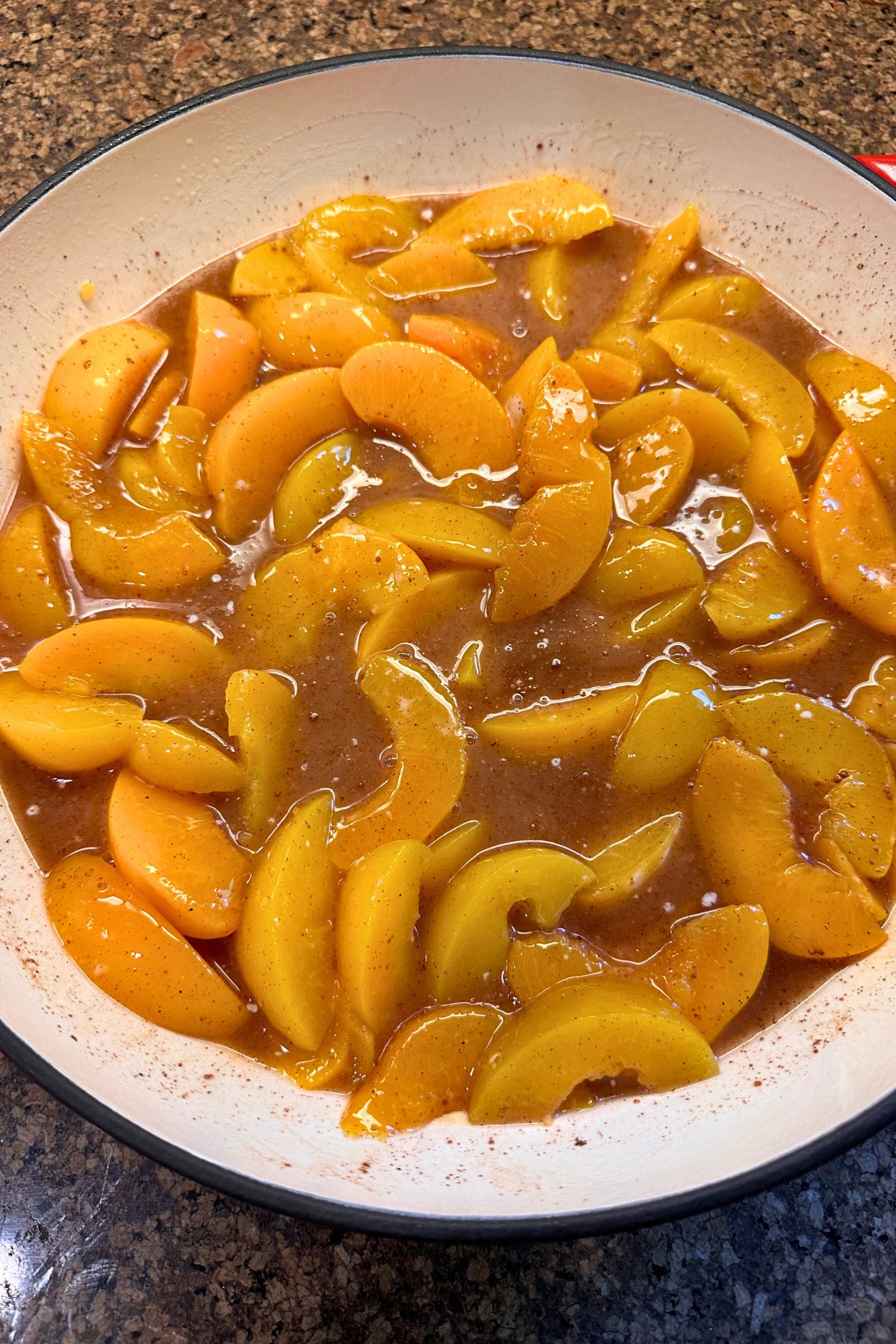 peaches with cinnamon, nutmeg, and cornstarch